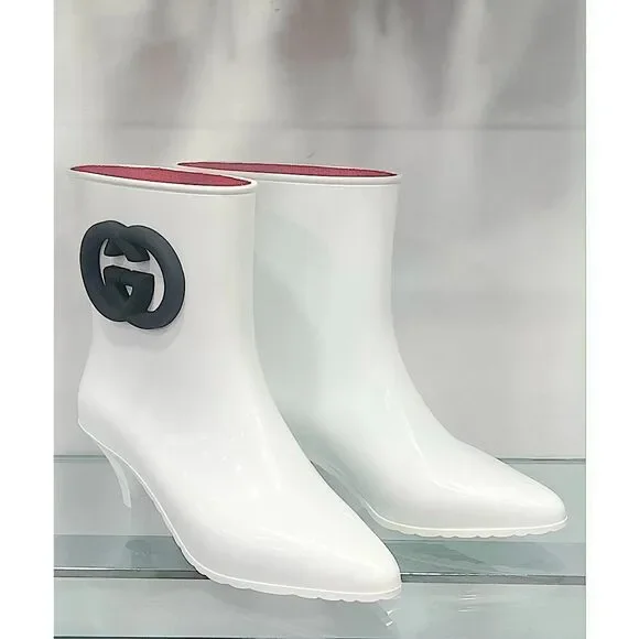 Gucci Women's Rubber ankle Rain Boot with Interlocking G White Black 37 - Picture 6 of 10